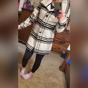White and black plaid pea coat